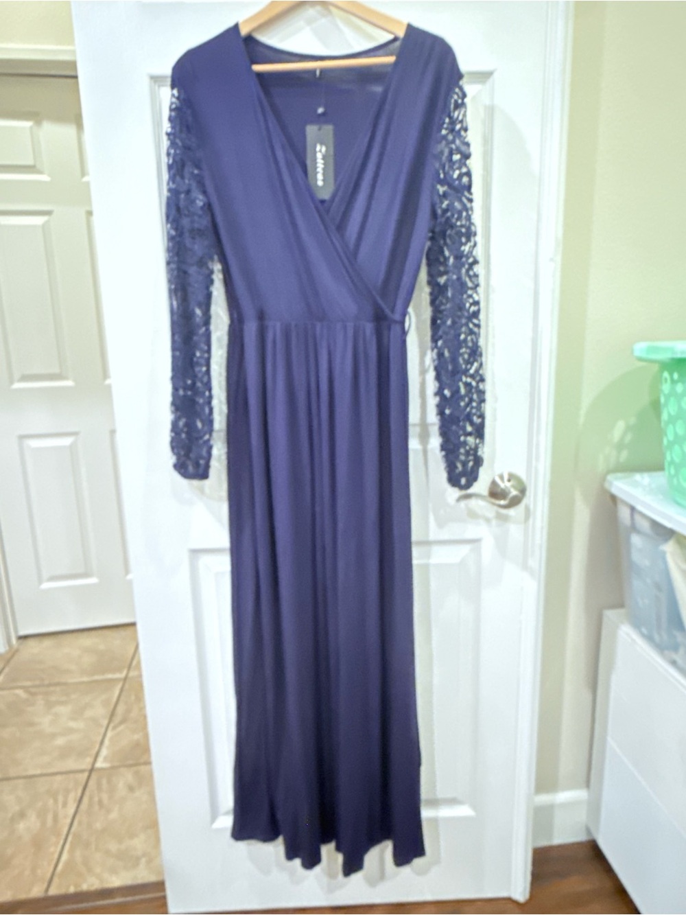 Surplice Lace-Sleeve Maxi Dress in Deep Navy